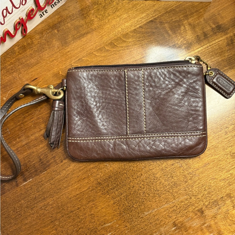 Coach Brown Leather Wristlet with Tassel Charm Gold Hardwear Y2K Vintage